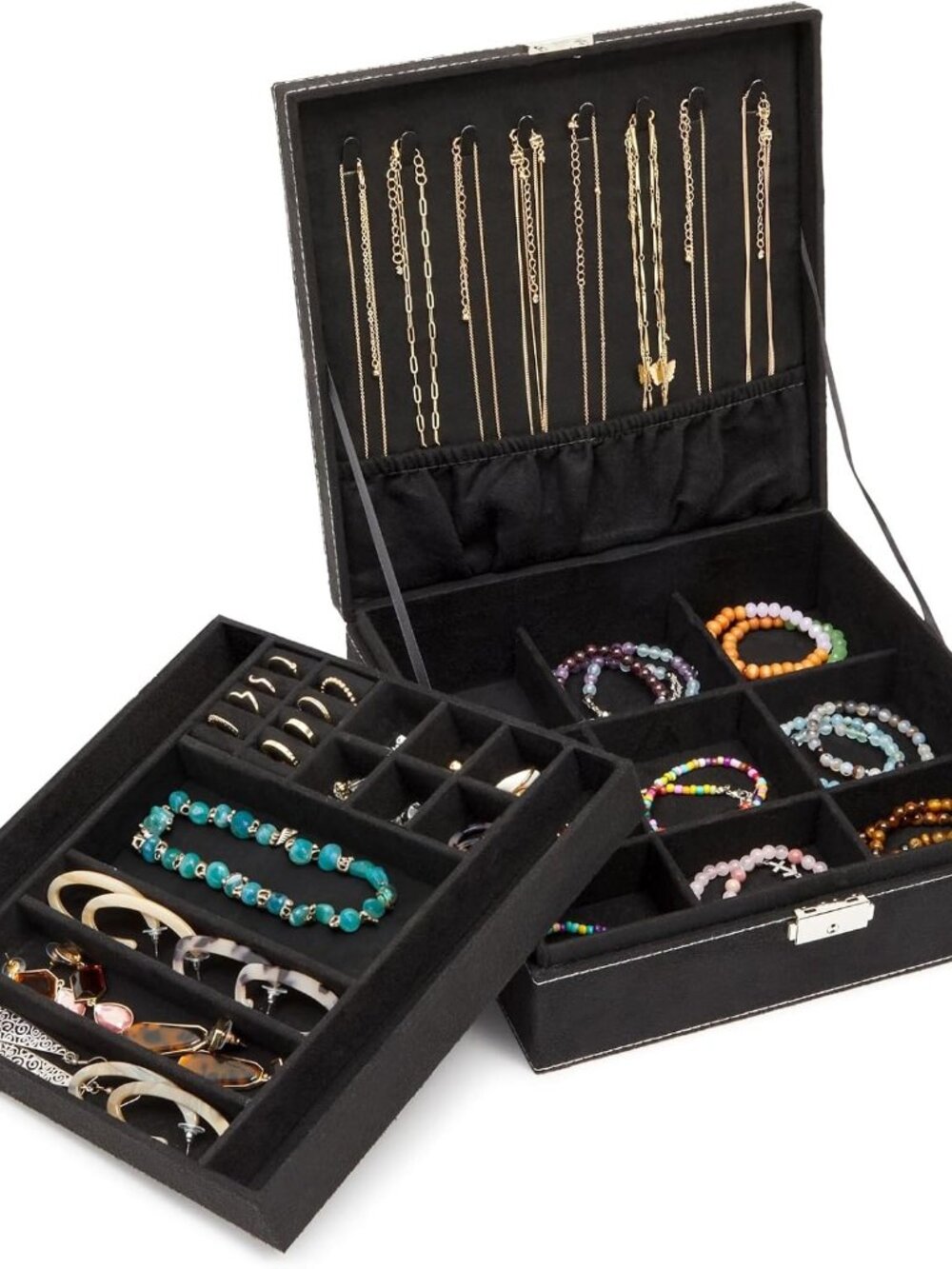 Jewelry Box - 10.5 x 10.5 x 3.5 in, Black Velvet - Locking 2-Layer Travel Jewelr